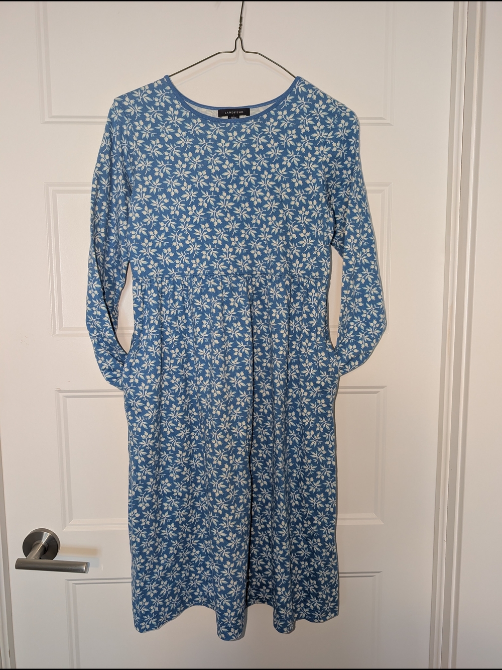 Lands' End Blue and White Long-Sleeve Midi Dress
